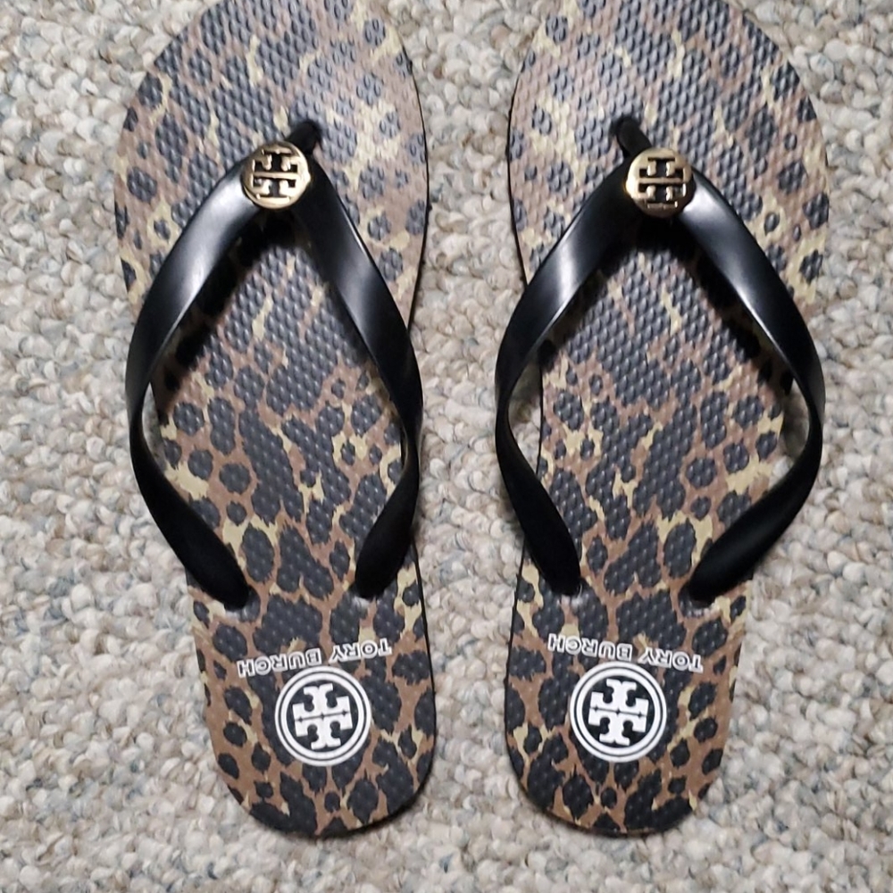 Tory Burch animal print flip flops